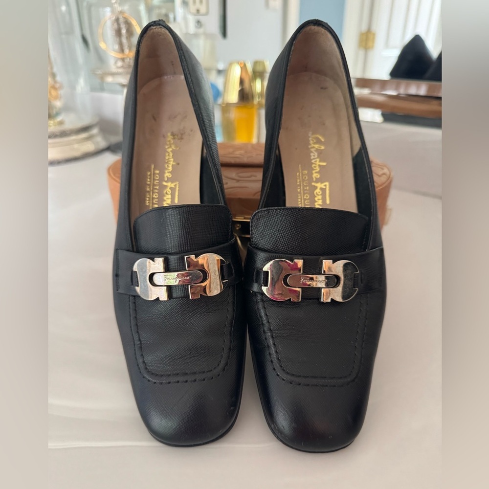 Salvatore Ferragamo Black Loafers with Silver Buckle